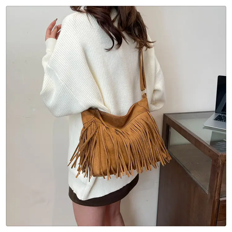 2025 Retro Tassel Shoulder Bag Brown European Style — feature 17