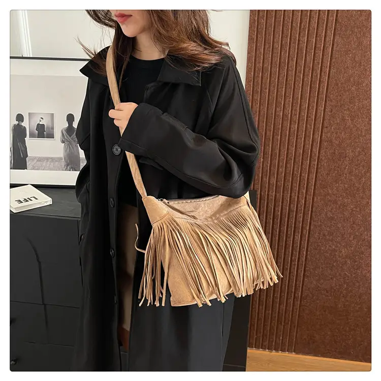 2025 Retro Tassel Shoulder Bag Brown European Style — feature 19