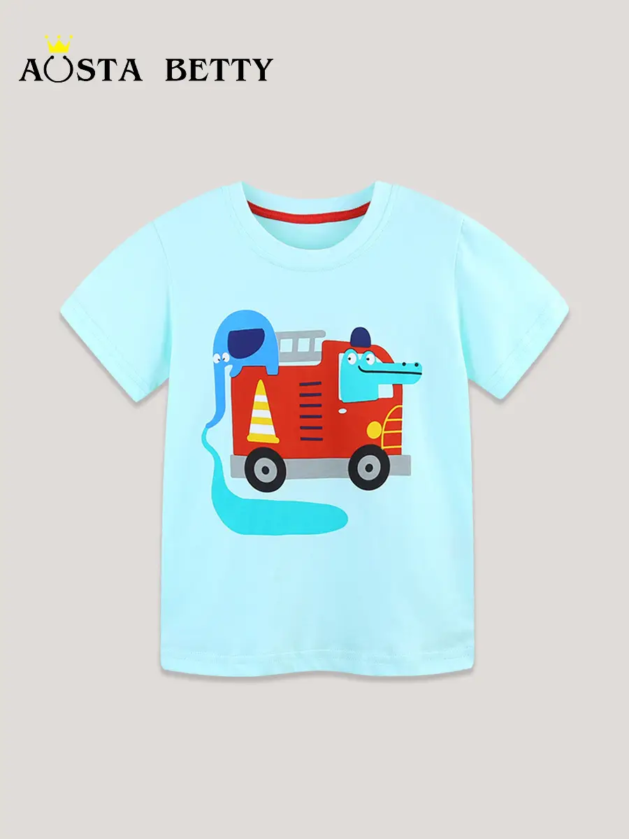 26 Summer Boys T-Shirt Fire Truck Cartoon Light Blue