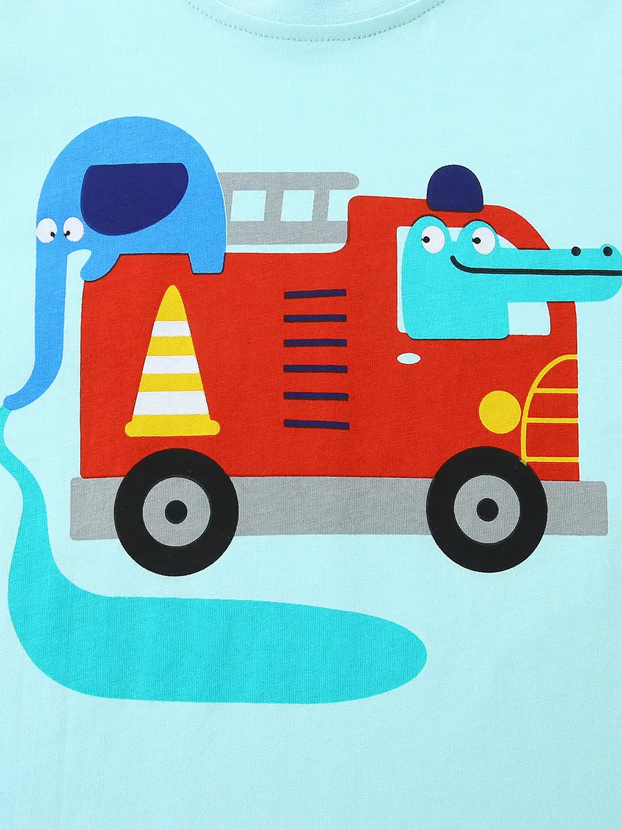 26 Summer Boys T-Shirt Fire Truck Cartoon Light Blue