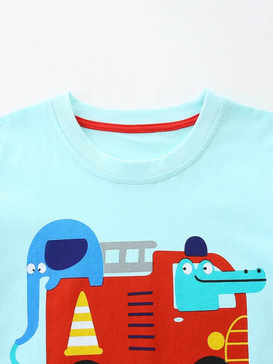 26 Summer Boys T-Shirt Fire Truck Cartoon Light Blue