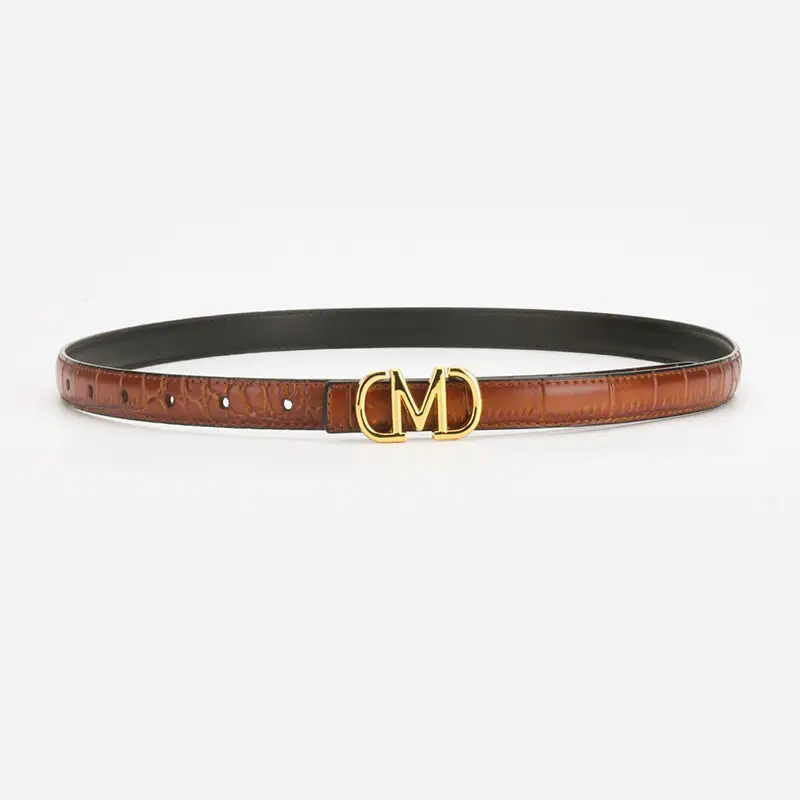 Black Croc Embroidered Belt with Gold M Buckle - Image 6