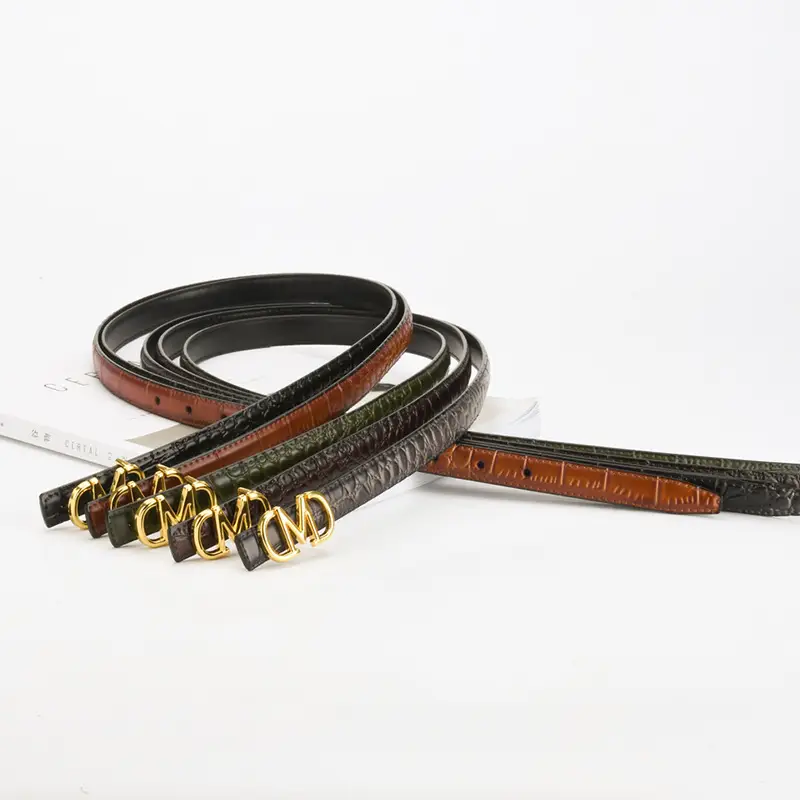 Black Croc Embroidered Belt with Gold M Buckle - Image 7