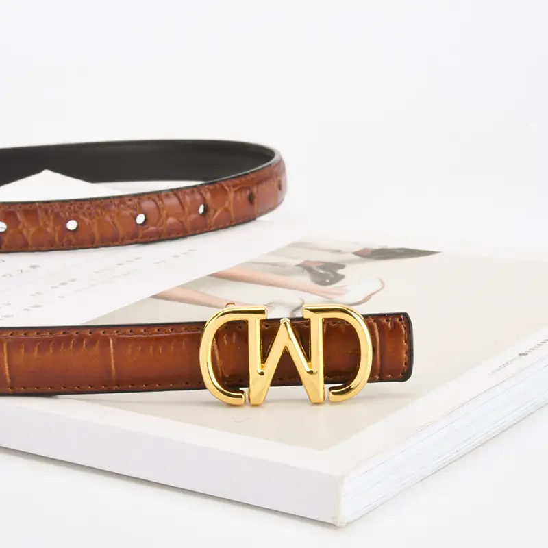Black Croc Embroidered Belt with Gold M Buckle - Image 9