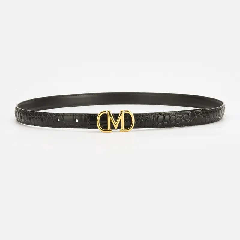 Black Croc Embroidered Belt with Gold M Buckle — feature 5