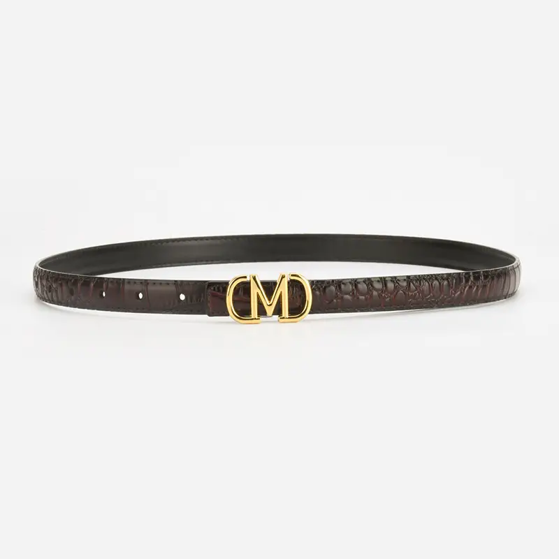 Black Croc Embroidered Belt with Gold M Buckle — feature 8