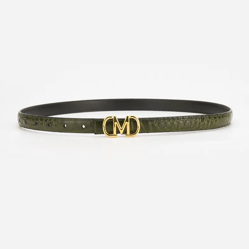 Black Croc Embroidered Belt with Gold M Buckle — feature 9