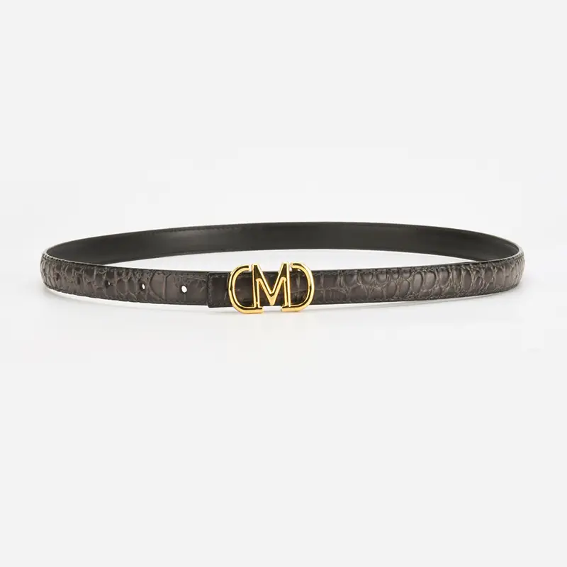 Black Croc Embroidered Belt with Gold M Buckle - Image 4