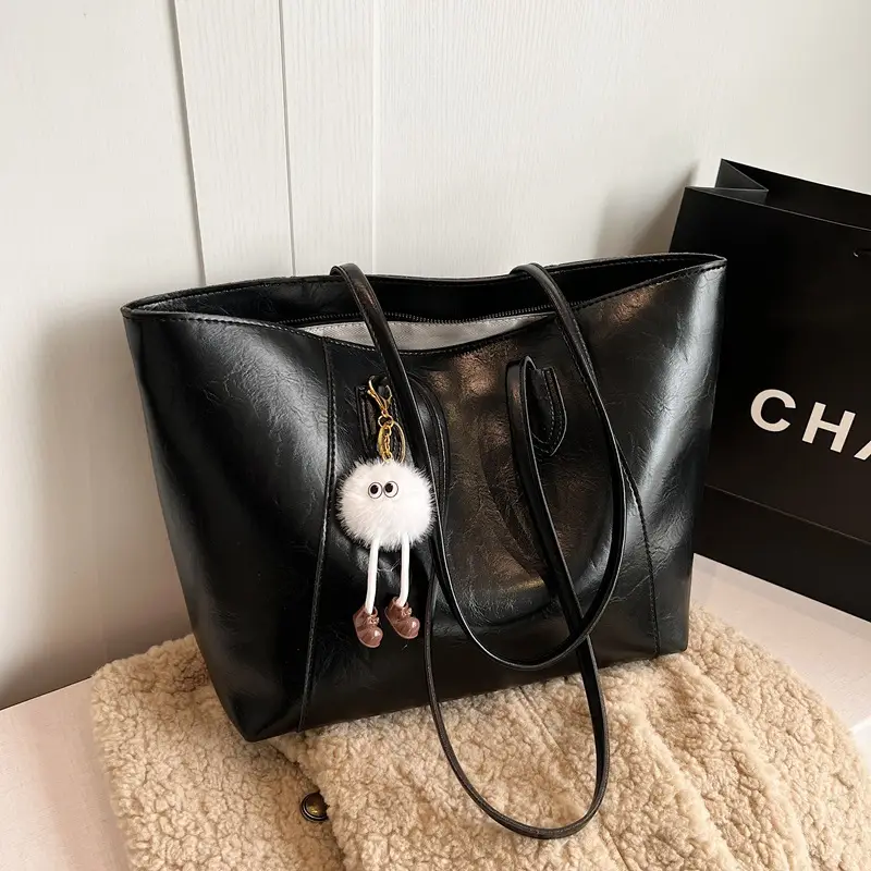Women's Large Brown Leather Tote Bag with Logo Print - Image 10