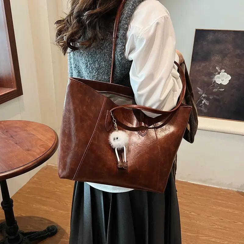 Women's Large Brown Leather Tote Bag with Logo Print - Image 11