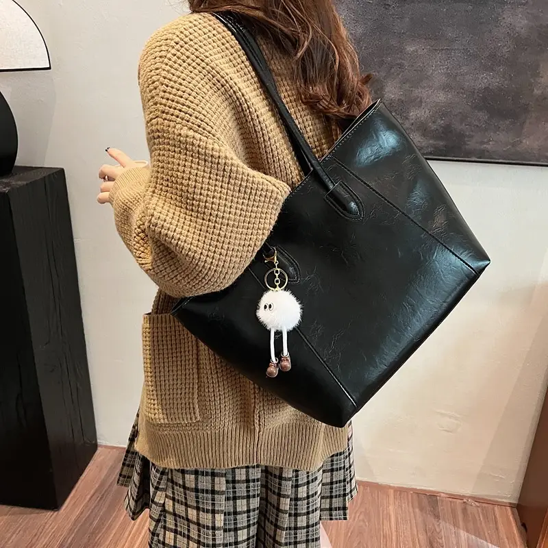 Women's Large Brown Leather Tote Bag with Logo Print - Image 12