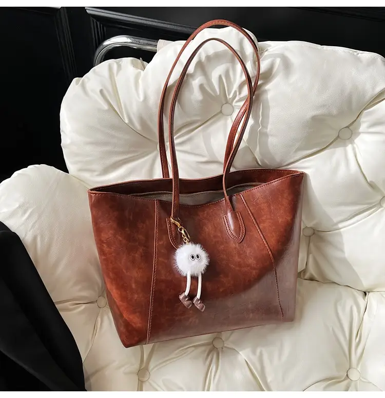 Women's Large Brown Leather Tote Bag with Logo Print — feature 14