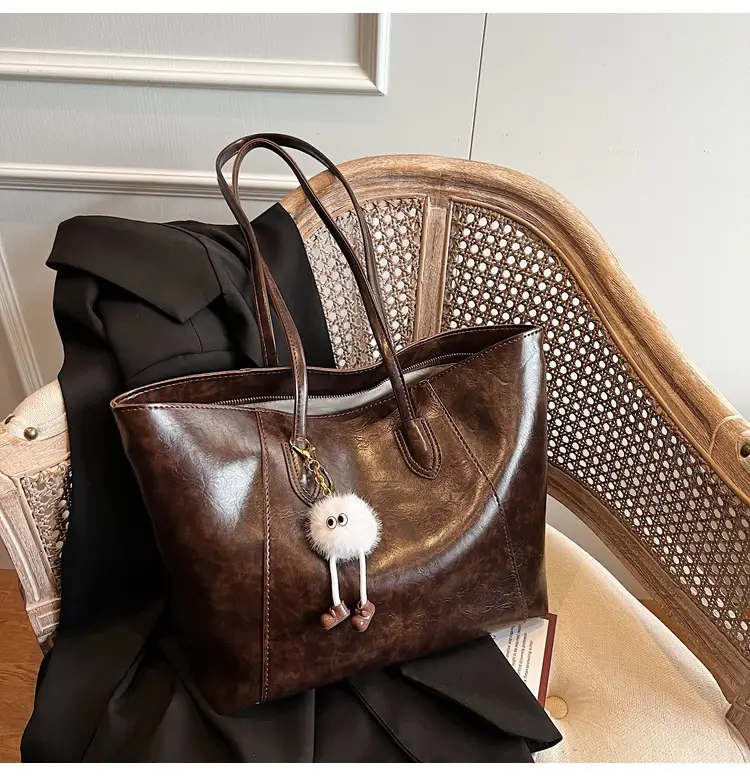 Women's Large Brown Leather Tote Bag with Logo Print — feature 16