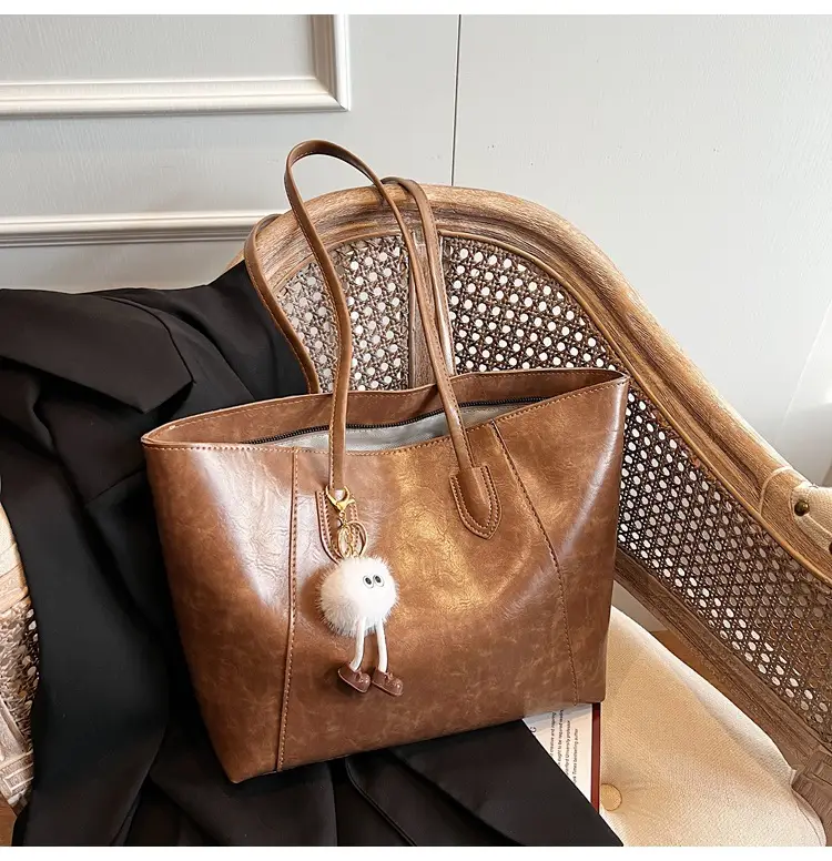 Women's Large Brown Leather Tote Bag with Logo Print — feature 17
