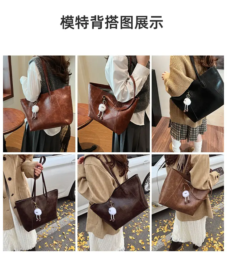 Women's Large Brown Leather Tote Bag with Logo Print — feature 8