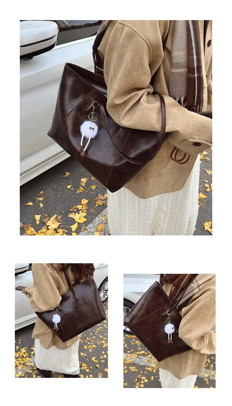 Women's Large Brown Leather Tote Bag with Logo Print — feature 9