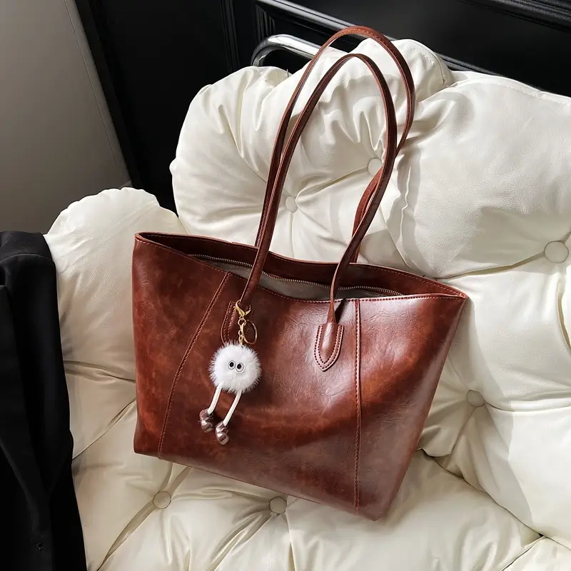 Women's Large Brown Leather Tote Bag with Logo Print - Image 2