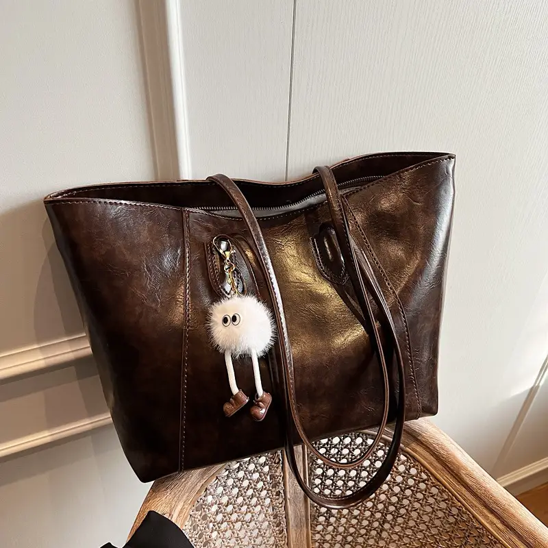 Women's Large Brown Leather Tote Bag with Logo Print - Image 3