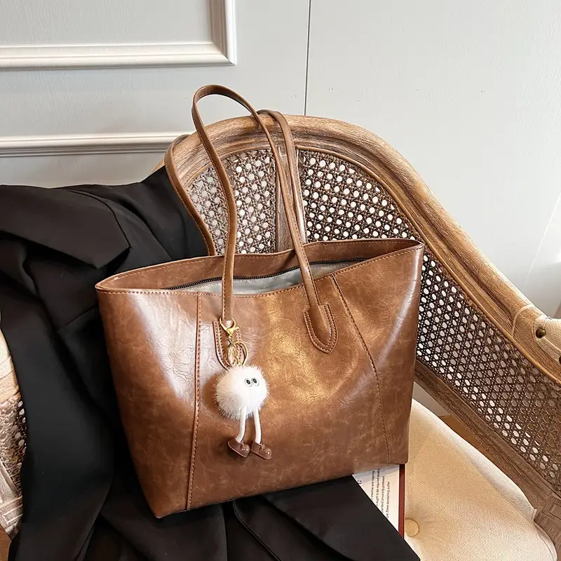 Women's Large Brown Leather Tote Bag with Logo Print - Image 4