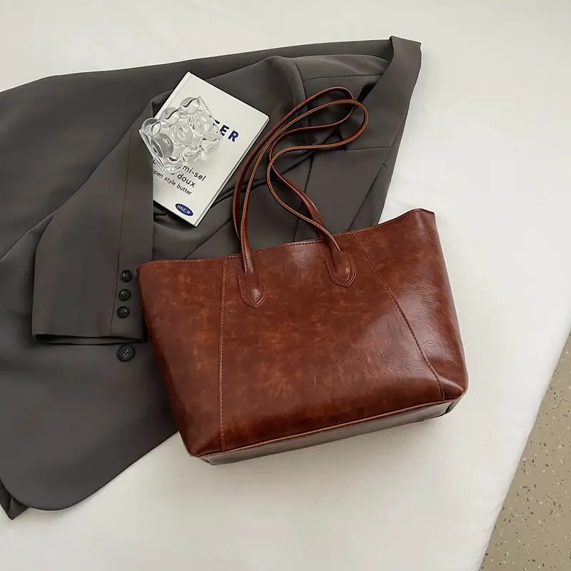 Women's Large Brown Leather Tote Bag with Logo Print - Image 6