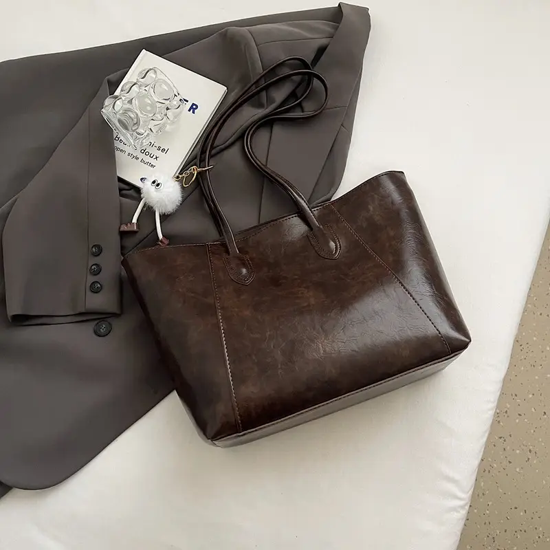 Women's Large Brown Leather Tote Bag with Logo Print - Image 7