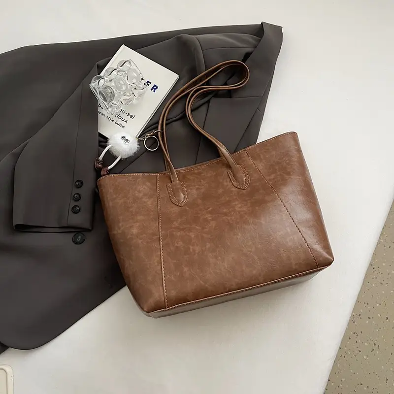 Women's Large Brown Leather Tote Bag with Logo Print - Image 8