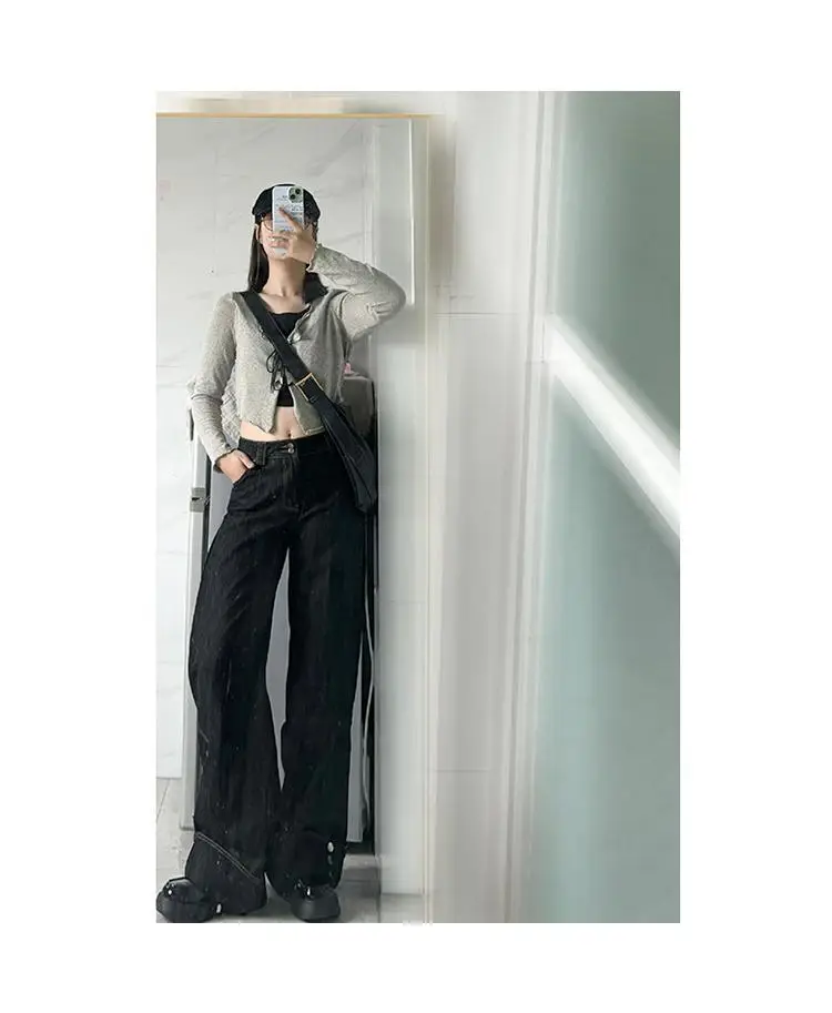 Dark Blue Flanged Vintage High Waist Wide Leg Jeans Women — feature 2