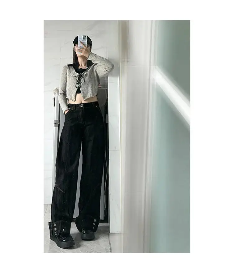 Dark Blue Flanged Vintage High Waist Wide Leg Jeans Women — feature 3