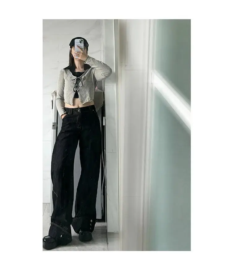Dark Blue Flanged Vintage High Waist Wide Leg Jeans Women — feature 4