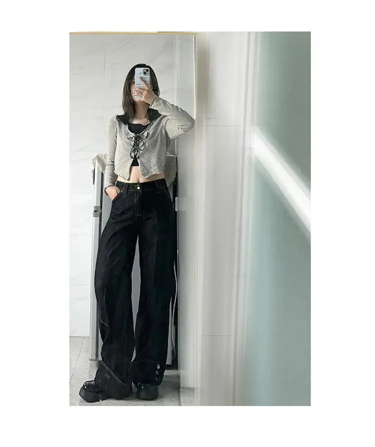 Dark Blue Flanged Vintage High Waist Wide Leg Jeans Women — feature 5