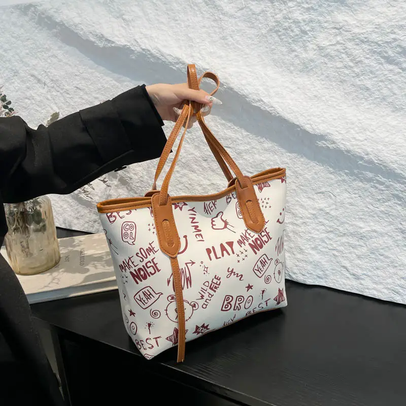 Women Cartoon Print Cartoon Tote Bag Black White
