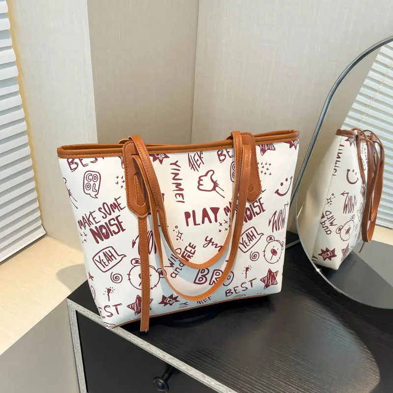 Women Cartoon Print Cartoon Tote Bag Black White — feature 15