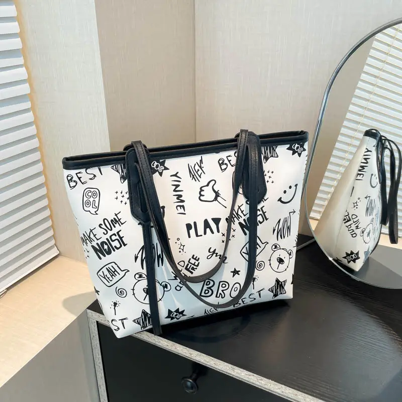 Women Cartoon Print Cartoon Tote Bag Black White — feature 16