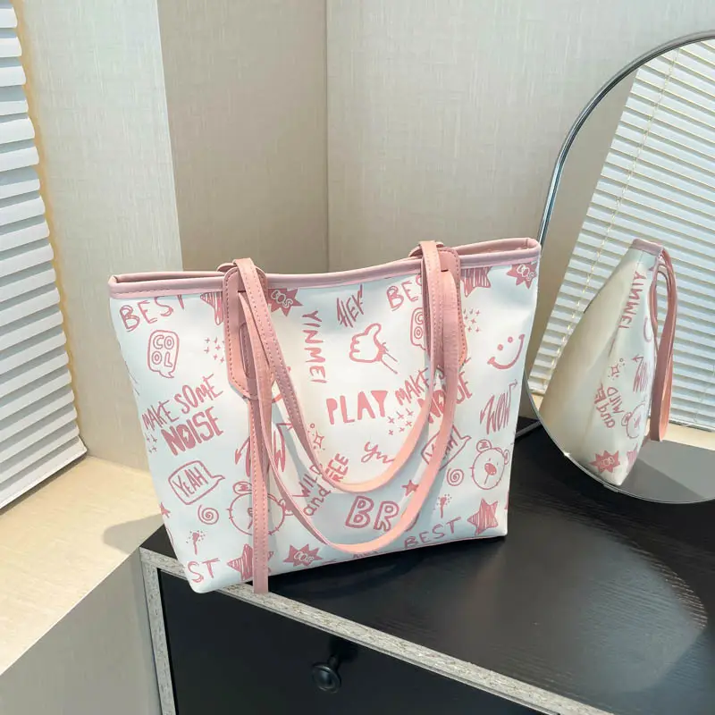 Women Cartoon Print Cartoon Tote Bag Black White — feature 17