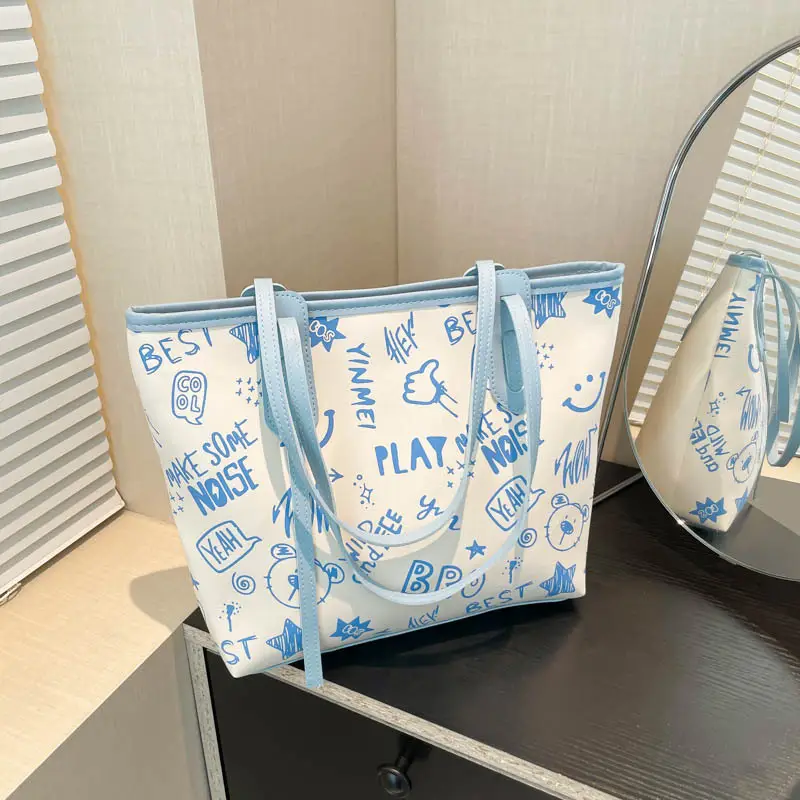 Women Cartoon Print Cartoon Tote Bag Black White — feature 18