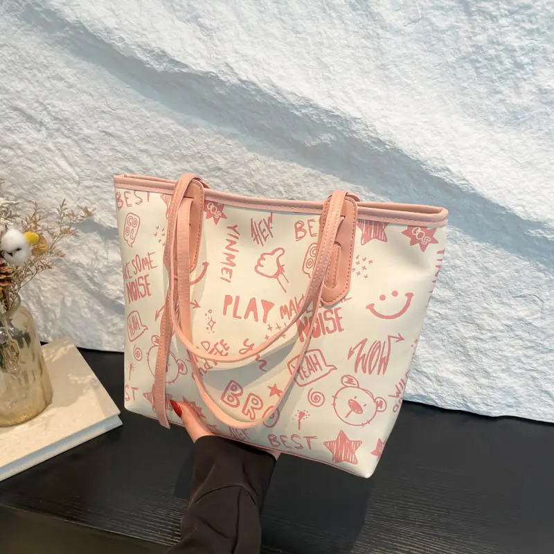 Women Cartoon Print Cartoon Tote Bag Black White — feature 19