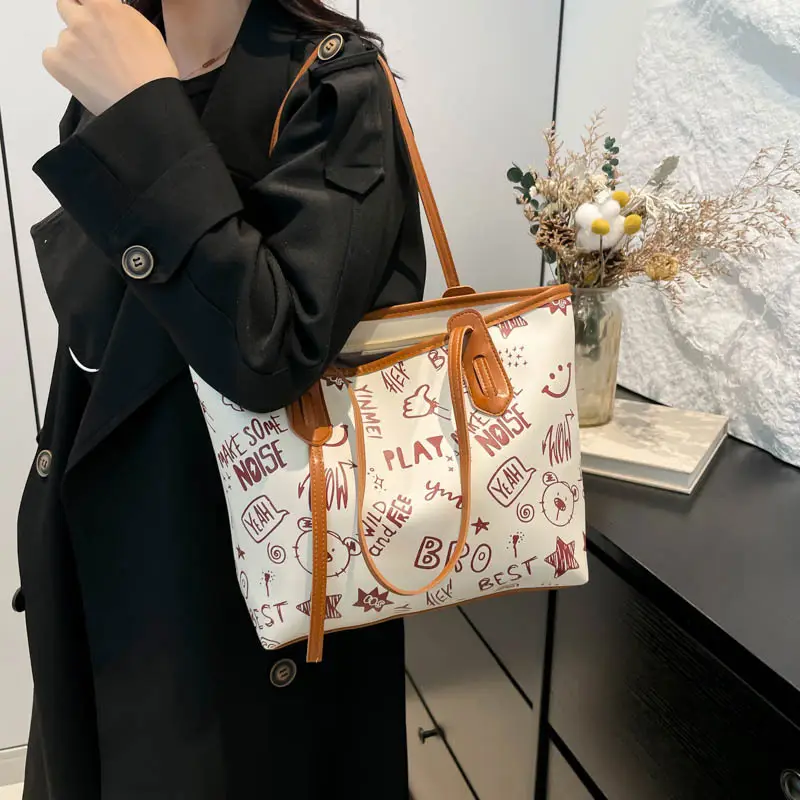 Women Cartoon Print Cartoon Tote Bag Black White — feature 2