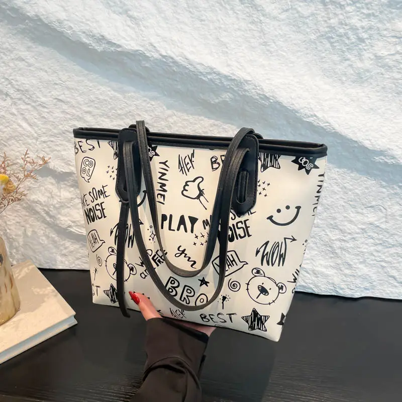 Women Cartoon Print Cartoon Tote Bag Black White — feature 21