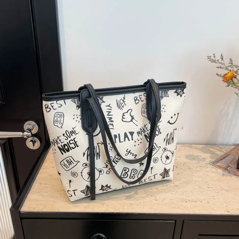 Women Cartoon Print Cartoon Tote Bag Black White — feature 24