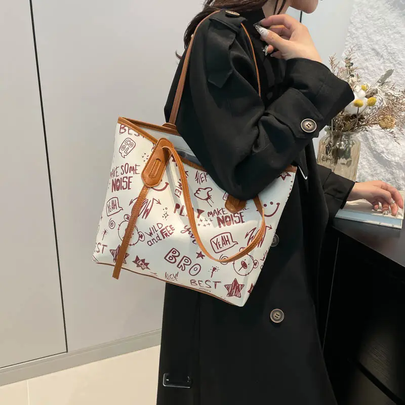 Women Cartoon Print Cartoon Tote Bag Black White — feature 28