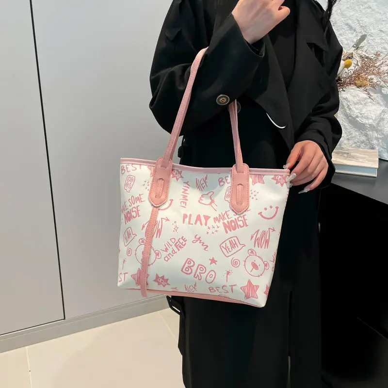 Women Cartoon Print Cartoon Tote Bag Black White — feature 29