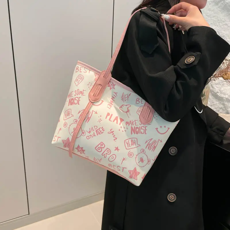 Women Cartoon Print Cartoon Tote Bag Black White — feature 30