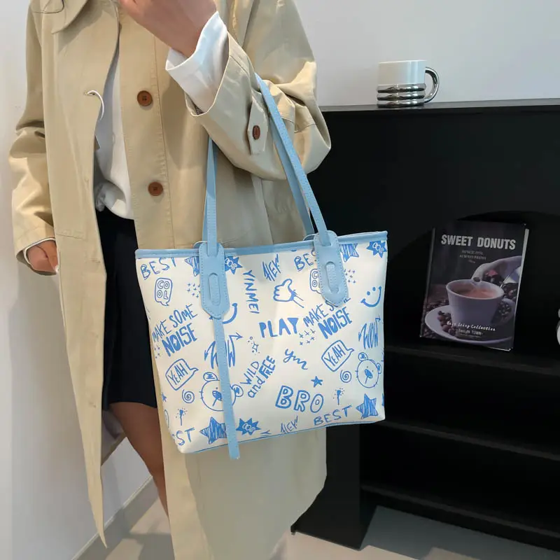 Women Cartoon Print Cartoon Tote Bag Black White — feature 31