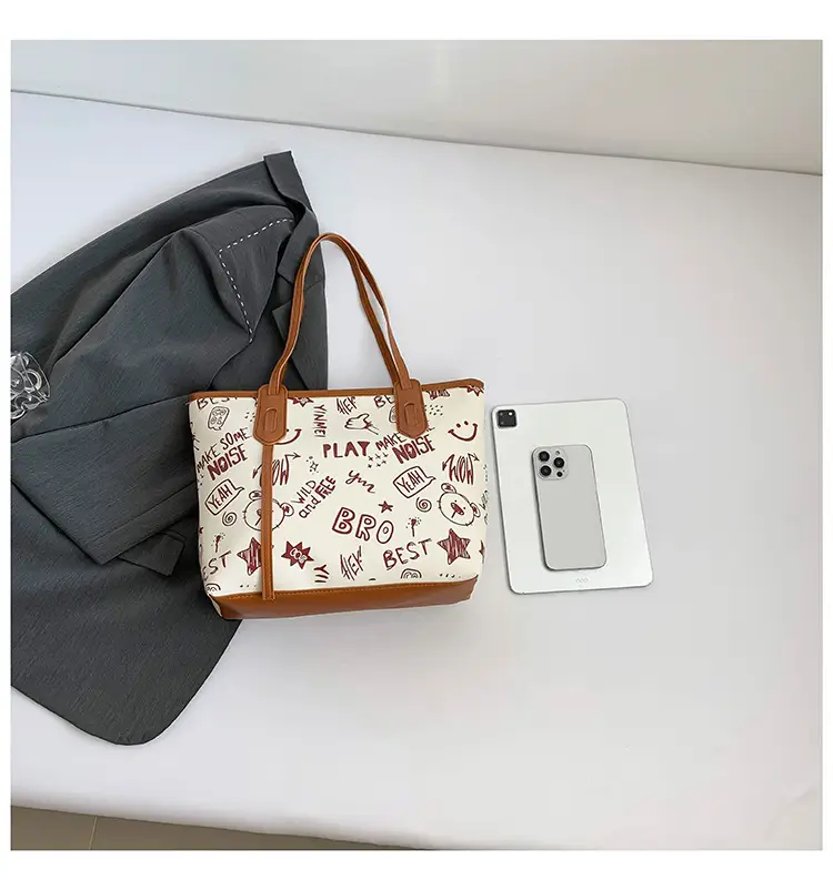 Women Cartoon Print Cartoon Tote Bag Black White — feature 5