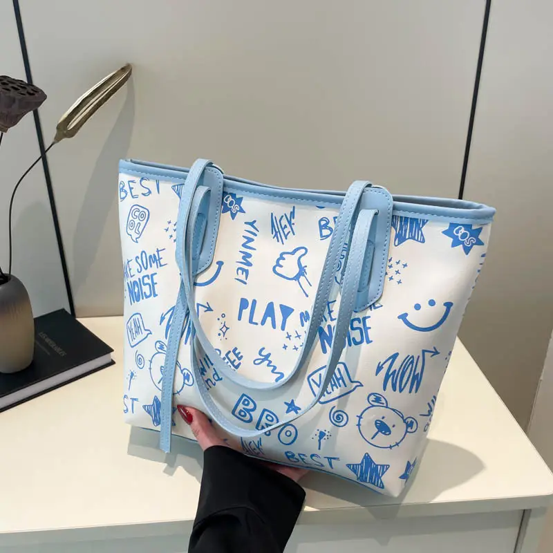 Women Cartoon Print Cartoon Tote Bag Black White
