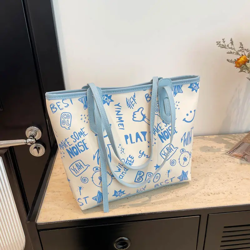 Large Capacity Blue Graphic Tote Bag for Women - Image 3