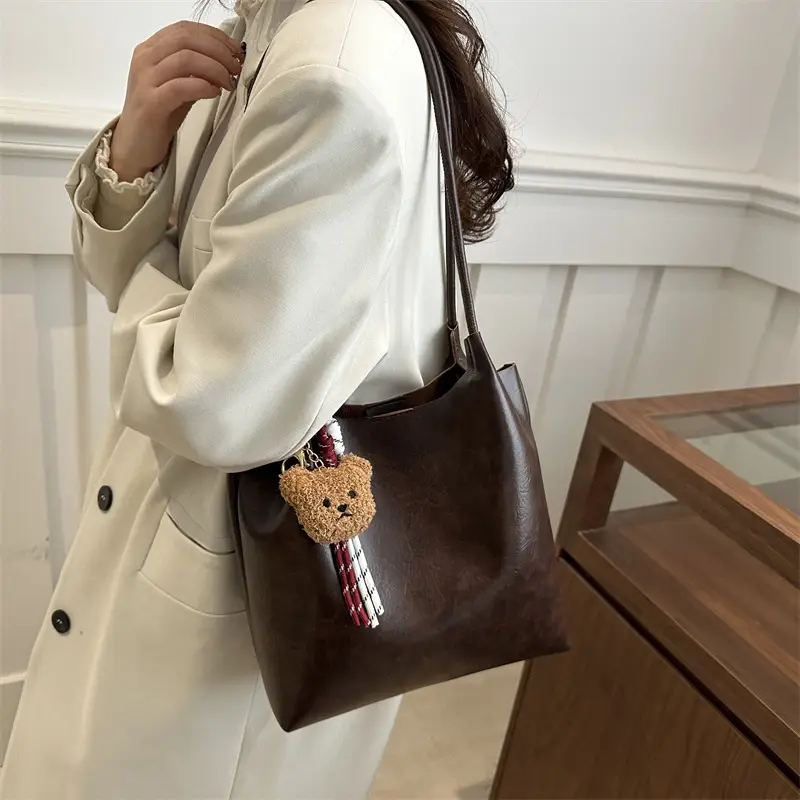 Brown One-Shoulder Women's Tote Bag with Tassel - Image 4