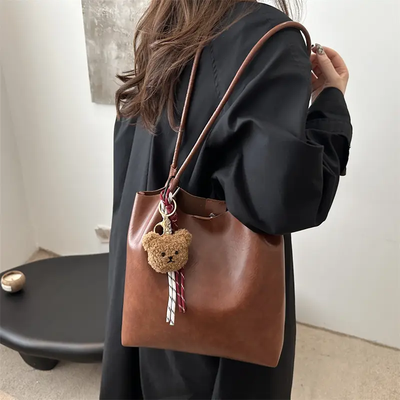 Brown One-Shoulder Women's Tote Bag with Tassel - Image 5