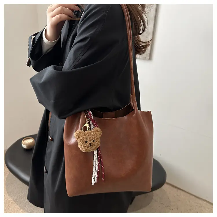 Brown One-Shoulder Women's Tote Bag with Tassel — feature 10