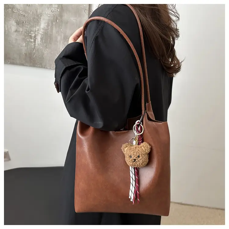 Brown One-Shoulder Women's Tote Bag with Tassel — feature 11